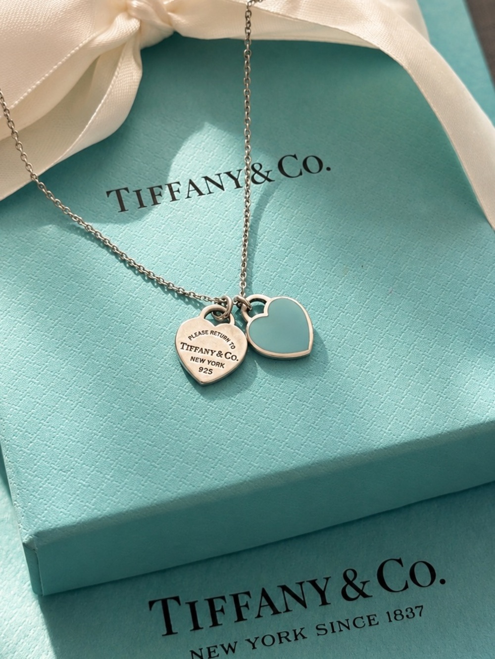 Authentic Tiffany & Co Blue Enamel Double Mini Hearts Pendant Necklace